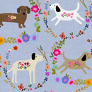 3 Wishes Fabric, Every Home Every Dog, Wreathed Dogs, Periwinkle Blue