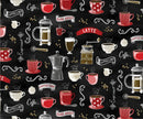 Benartex Fabric, Perfect Brew, Rise 'N Grind, Black