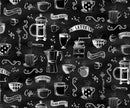Benartex Fabric, Perfect Brew, Rise 'N Grind, Black & WHiteh