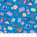 Northcott, Rudolph the Red Nosed Reindeer, Tossed Gifts & Candy on Blue