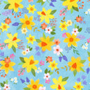 Robert Kaufman, Happy Easter, Yellow Flowers on Blue